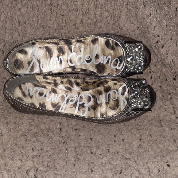 SAM EDELMAN-Caper-Metallic Snakeskin Ballet-Rhinestone Embellished-Sz 37.5-EX - Picture 7 of 8